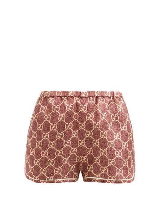 Gucci - GG-logo High-rise Silk Shorts - Womens - Brown Print