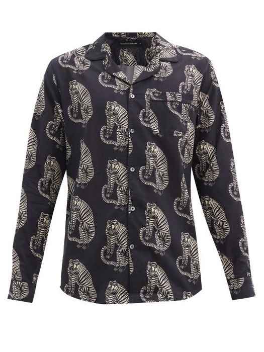Desmond & Dempsey - Sansido Tiger-print Cotton Pyjama Shirt - Mens - Black Multi