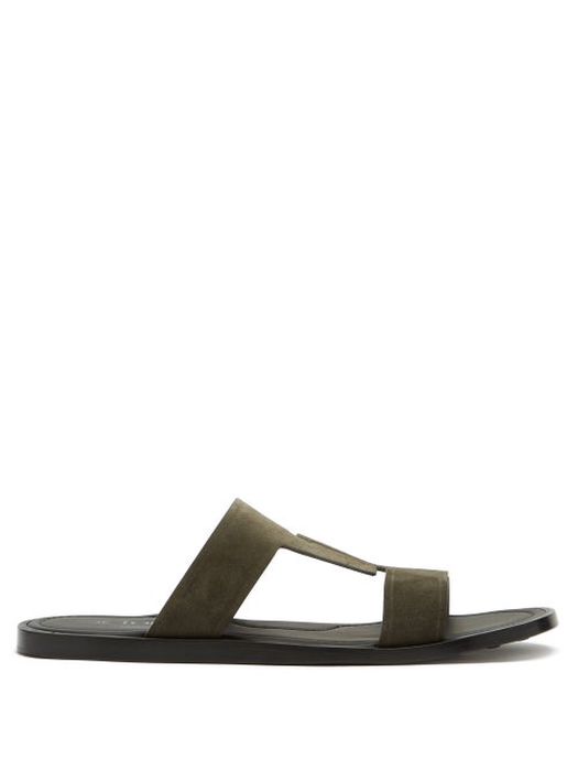 Tod's - Suede T-bar Flat Sandals - Mens - Olive Green