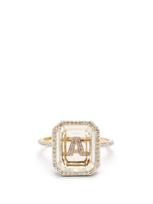 Mateo - Initials Diamond, Quartz & 14kt Gold Ring A-i - Womens - Crystal