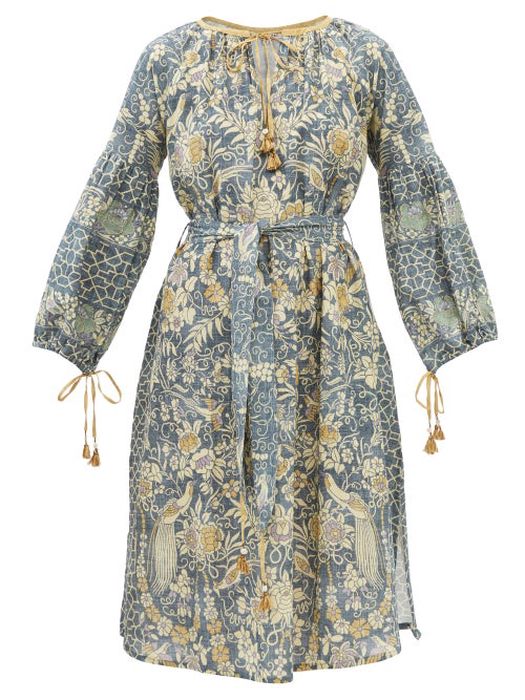 D'Ascoli - Xanadu Floral-print Cotton-khadi Dress - Womens - Blue Multi