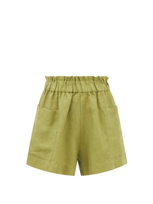 Casa Raki - Emilia Gathered-waist Organic-linen Shorts - Womens - Green
