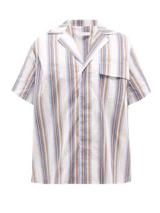 Bianca Saunders - Cuban-collar Striped Cotton-blend Poplin Shirt - Mens - Cream Print