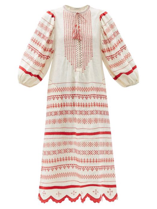 Vita Kin - Belarus Beaded Embroidered Linen Dress - Womens - Red White