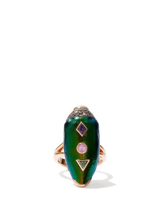 Bibi Van Der Velden - Scarab Pop Art Diamond, Gold & Silver Ring - Womens - Green Multi