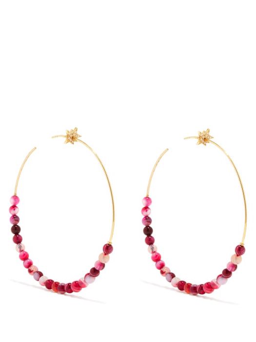 Diane Kordas - Diamond, Agate & 18kt Gold Hoop Earrings - Womens - Pink Multi