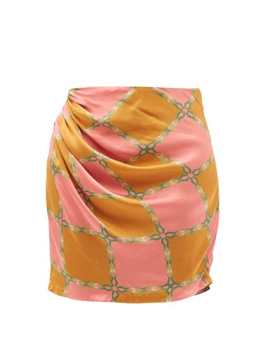 Ahluwalia - Check-print Gathered Silk-faille Mini Skirt - Womens - Orange Multi