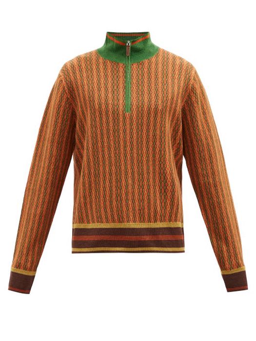 Wales Bonner - Orchestre-jacquard Zipped Linen Sweater - Mens - Brown Multi