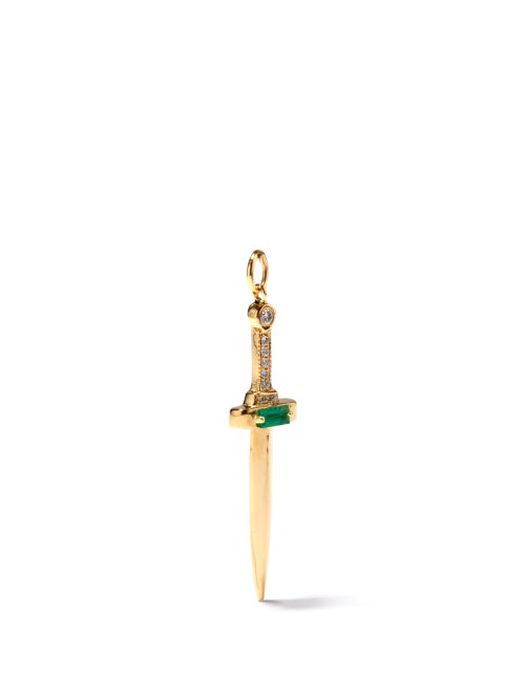 Jacquie Aiche - Dagger Diamond, Emerald & 14kt Gold Charm - Womens - Green Gold