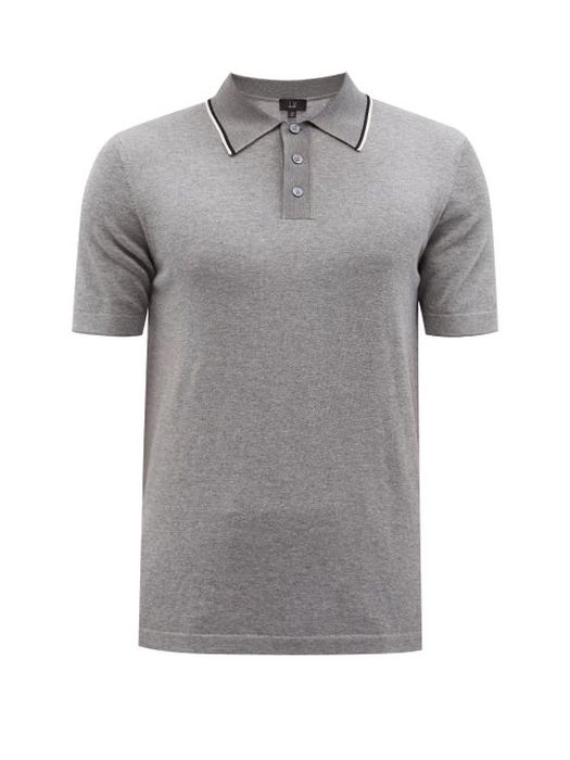Dunhill - Contrast-tipped Knitted Cotton Polo Shirt - Mens - Grey