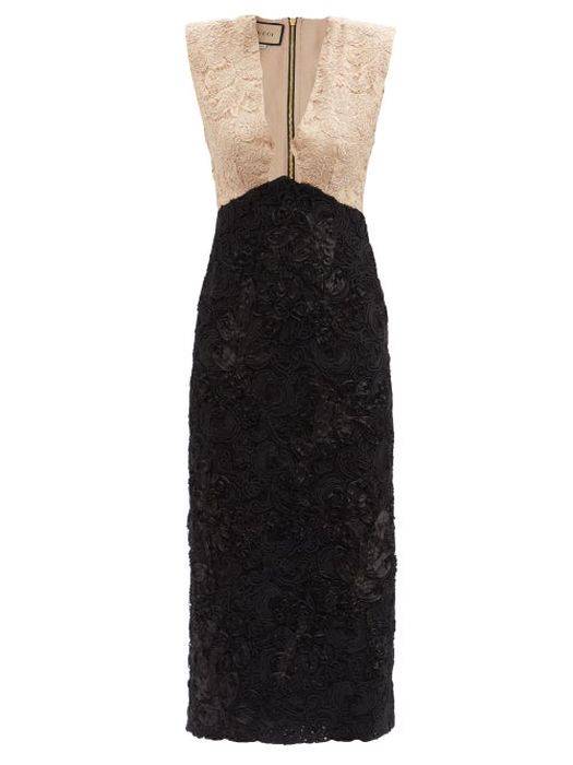 Gucci - Plunge-neck Bi-colour Cordonnet-lace Dress - Womens - Black