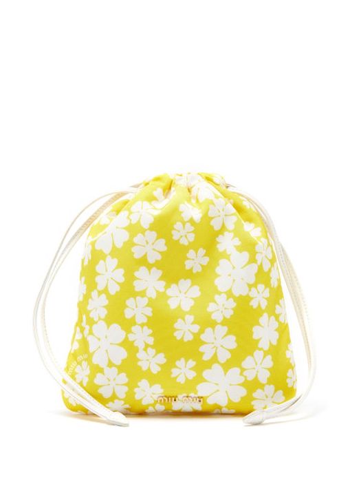 Miu Miu - Floral-print Nylon Drawstring Pouch - Womens - Yellow White