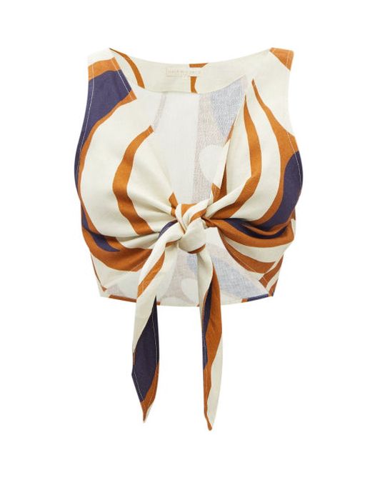 Cala De La Cruz - Lola Tie-front Leaf-print Linen Cropped Top - Womens - Brown Multi