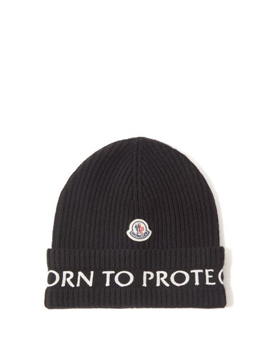 Moncler - Born To Protect-embroidered Ribbed-wool Beanie Hat - Mens - Black