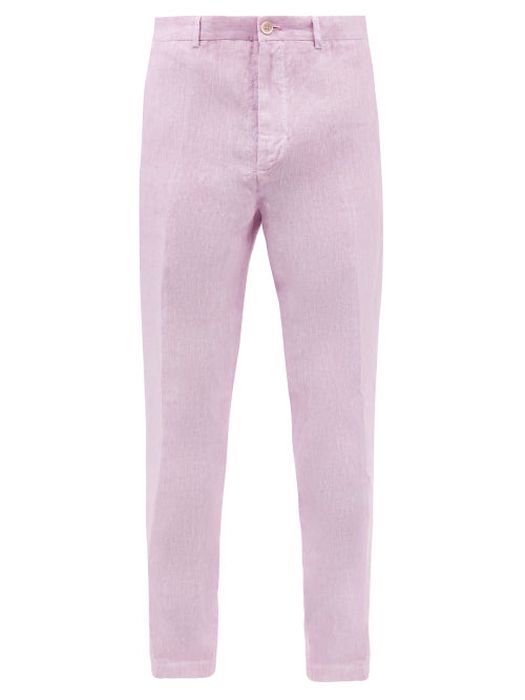 120% Lino - Slim-leg Linen-hopsack Trousers - Mens - Pink