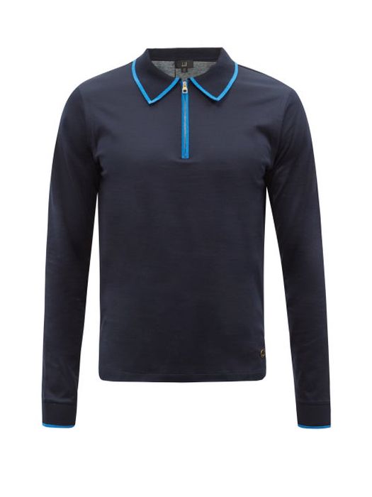 Dunhill - Zip-collar Tipped Mercerised-cotton Polo Shirt - Mens - Navy