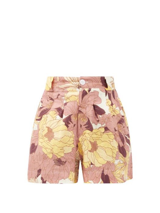 Ephemera - Maui High-rise Floral-print Linen Shorts - Womens - Orange Multi