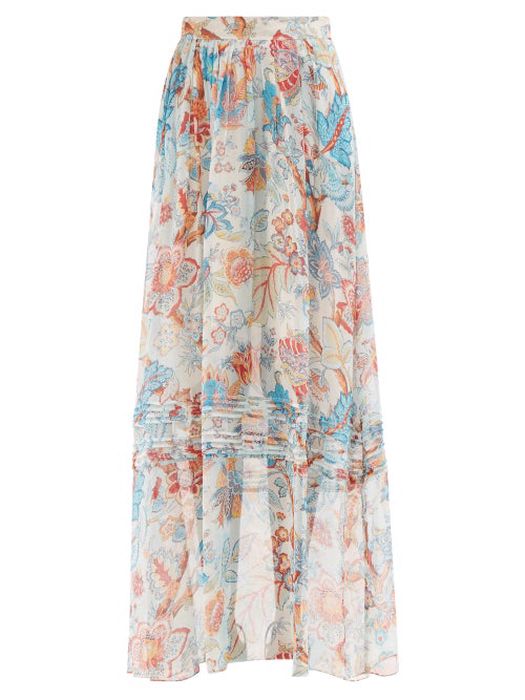 Etro - May Floral-print Silk-chiffon Skirt - Womens - Blue Print
