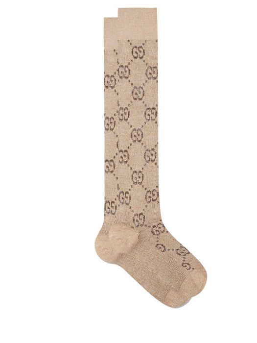 Gucci - GG-jacquard Cotton-blend Knee-high Socks - Womens - Beige Print