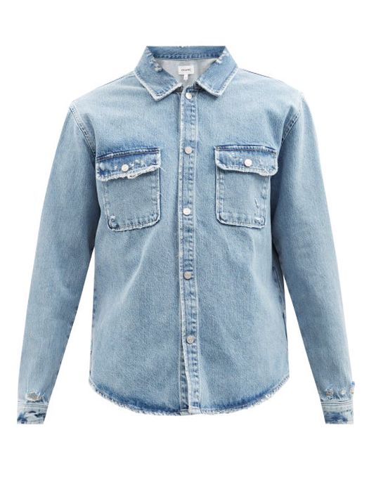 Frame - Flap-pocket Distressed Cotton-blend Denim Shirt - Mens - Blue