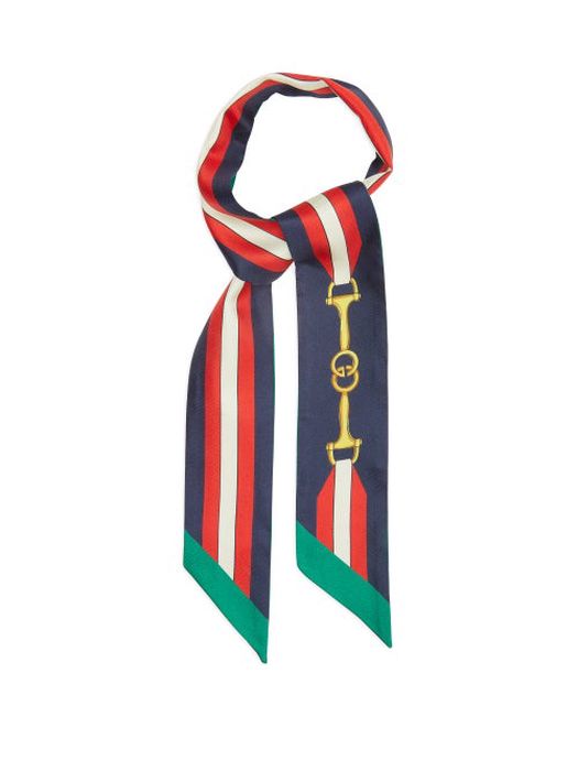 Gucci - Horsebit And Web Stripe-print Silk-faille Scarf - Womens - Navy Multi
