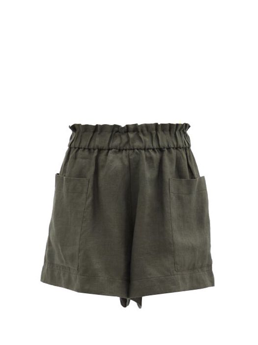 Casa Raki - Emilia Paperbag-waist Linen Shorts - Womens - Khaki