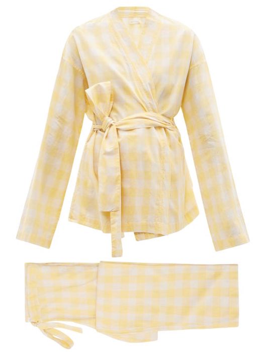 General Sleep - Wrap Organic-cotton Gingham Pyjama Set - Womens - Yellow White