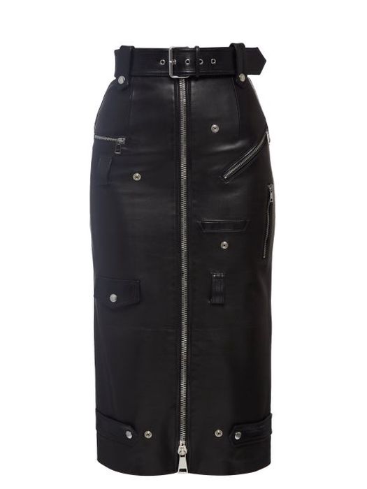 Alexander Mcqueen - Belted Leather Midi Skirt - Womens - Black