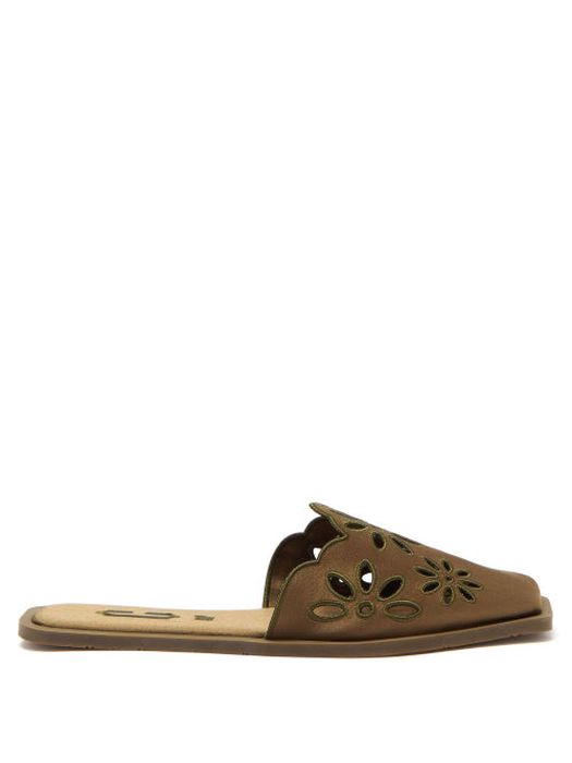 Carlotha Ray - Floral-embroidered Satin Slippers - Womens - Khaki