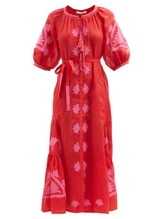 Vita Kin - Shalimar Floral-appliqué Linen-voile Midi Dress - Womens - Red Multi