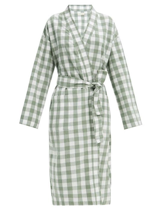 General Sleep - Everyone Check Organic-cotton Robe - Womens - Khaki White
