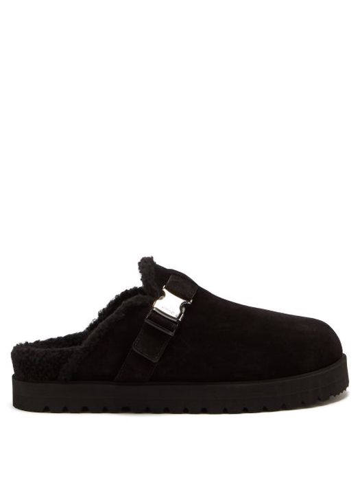 Moncler - Mon Mule Buckled Shearling Backless Loafers - Mens - Black