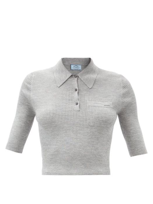 Prada - Logo-jacquard Ribbed Wool-blend Polo Shirt - Womens - Light Grey
