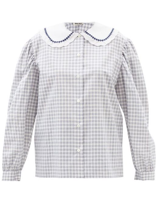 Miu Miu - Lace-trimmed Collar Checked Cotton-poplin Shirt - Womens - Blue