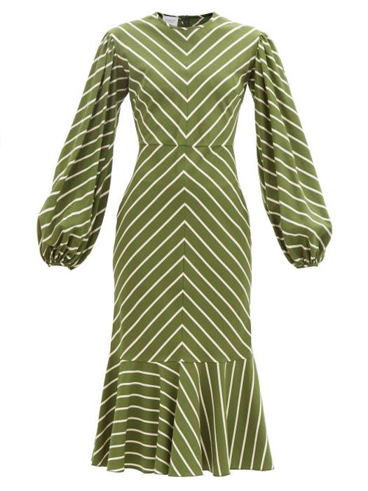 Giambattista Valli - Puff-sleeve Striped Crepe Midi Dress - Womens - Green Stripe