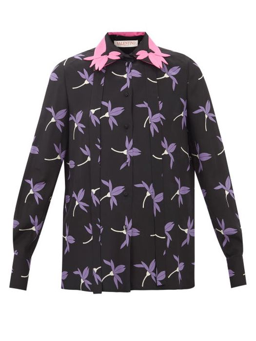 Valentino - Fairy Flowers-print Crepe De Chine Shirt - Womens - Black Multi