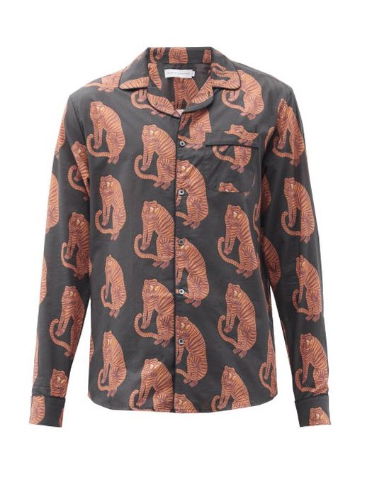 Desmond & Dempsey - Sansindo Tiger-print Cotton Pyjama Shirt - Mens - Black Orange