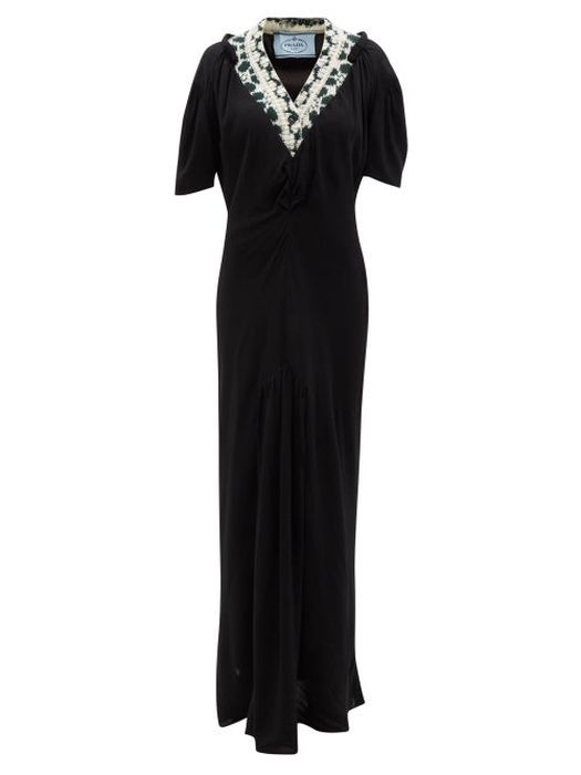 Prada - V-neck Jacquard-panel Crepe Maxi Dress - Womens - Black