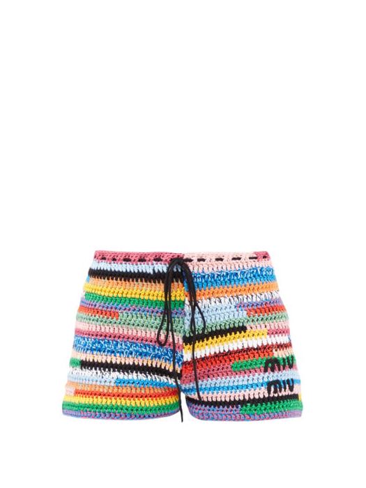Miu Miu - Logo-embroidered Crochet Cotton-blend Shorts - Womens - Multi