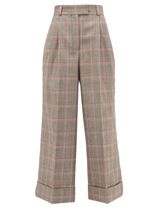 Miu Miu - Prince Of Wales-check Wool Wide-leg Trousers - Womens - Beige Multi