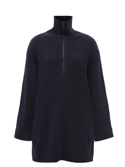 Lisa Yang - Aubree Zip-neck Ribbed-cashmere Sweater - Womens - Navy
