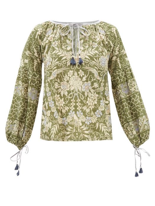 D'Ascoli - Xanadu Floral-print Cotton-khadi Blouse - Womens - Green Multi