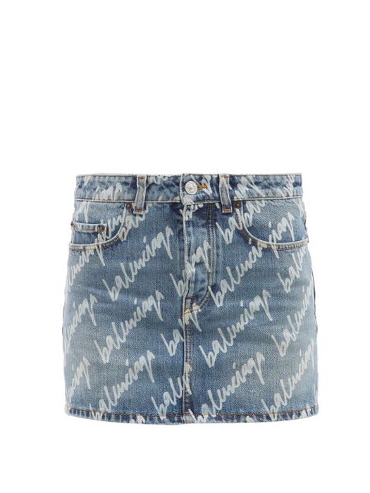Balenciaga - Scribble-print Denim Mini Skirt - Womens - Light Denim