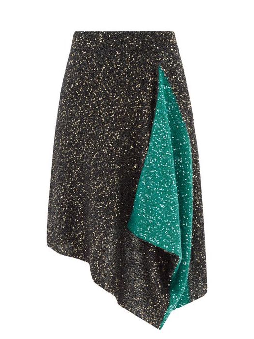 Loewe - Sequinned Handkerchief-hem Knitted Skirt - Womens - Black Green
