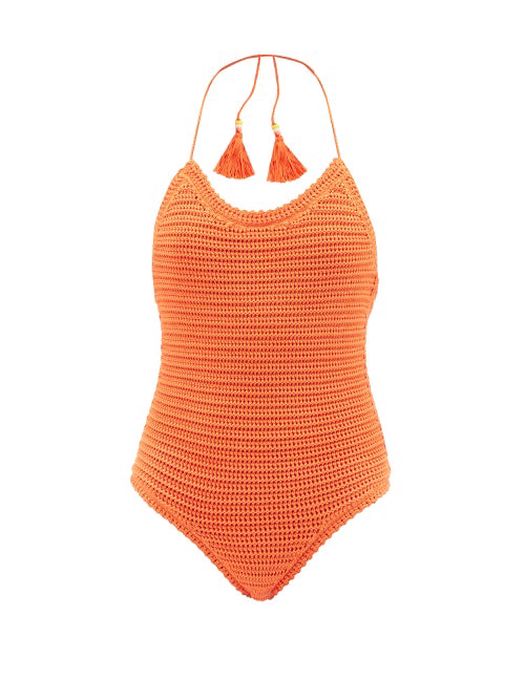 Alanui - Beach Break Striped Cotton-knit Swimsuit - Womens - Orange Print