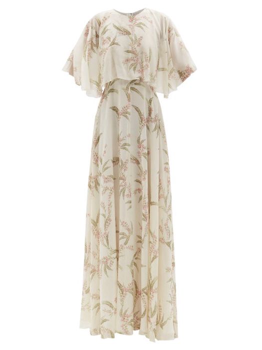 Giambattista Valli - Cape-sleeve Floral-print Silk-chiffon Gown - Womens - Ivory Multi