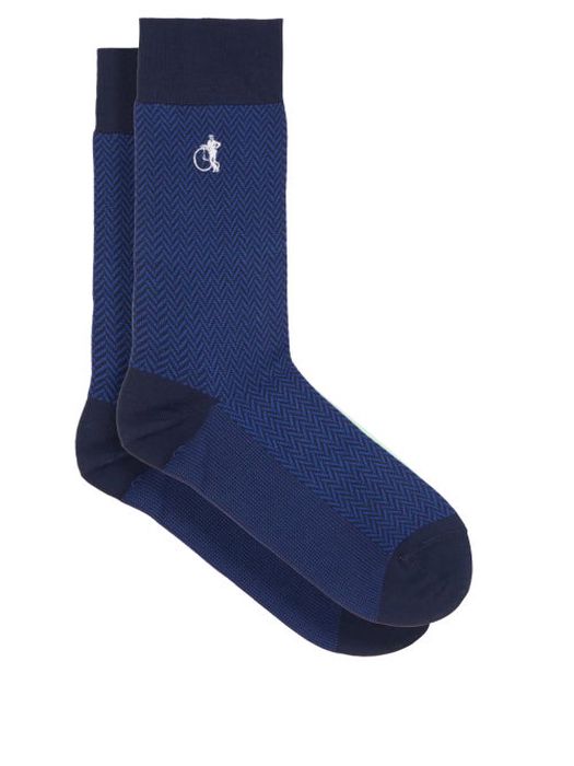 London Sock Company - Bond St Herringbone Cotton-blend Socks - Mens - Blue Print