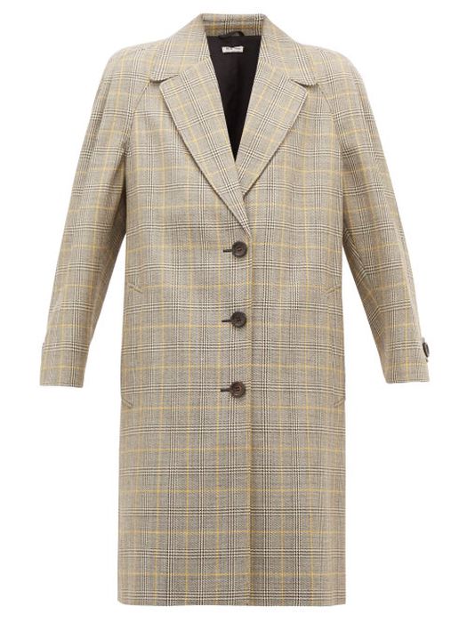 Miu Miu - Prince Of Wales-check Virgin Wool Coat - Womens - Beige Multi