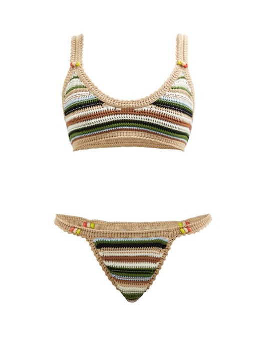 Alanui - Beach Break Striped Cotton-knit Bikini - Womens - Beige Multi