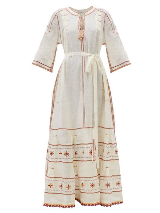 Vita Kin - Salma Tie-waist Embroidered Linen Dress - Womens - Cream Multi